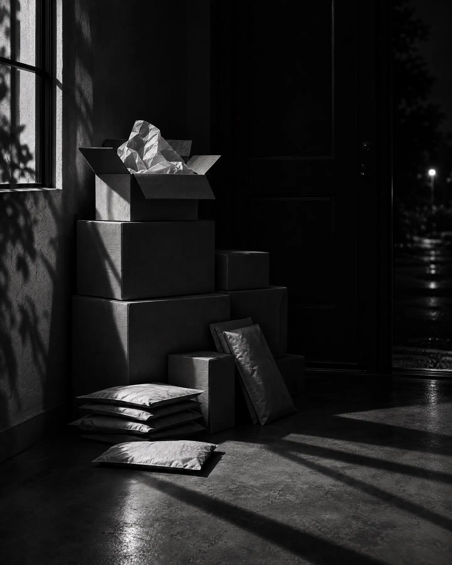 Pedidos preparados para el envío junto a la puerta, de noche.